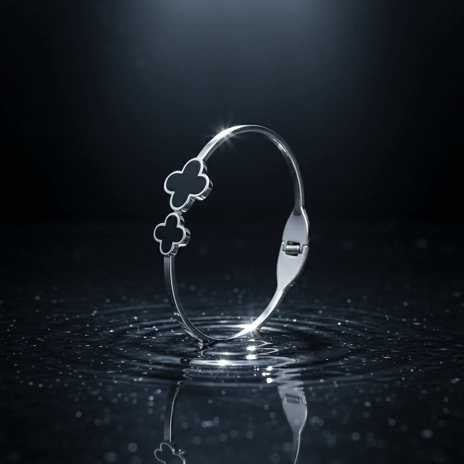 The Silver Clover Bangle - Double Black Enamel
