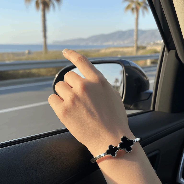 The Silver Clover Bangle - Double Black Enamel